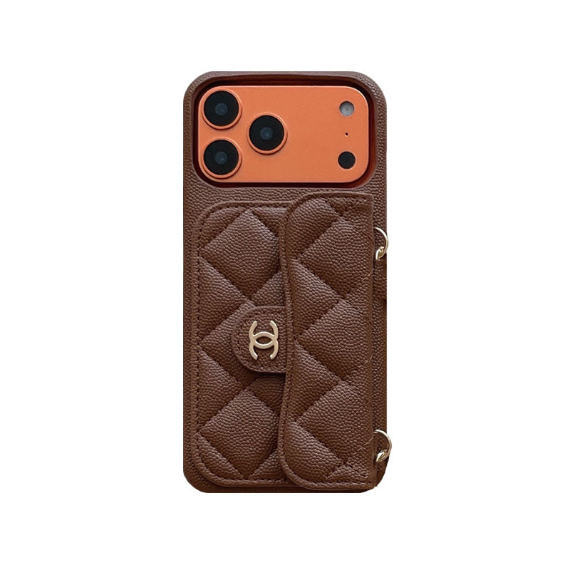 Elegant Leather CC iPhone Case With Wallet And Crossbody Strap Coffee For iPhone 17 Series-CYCC047
