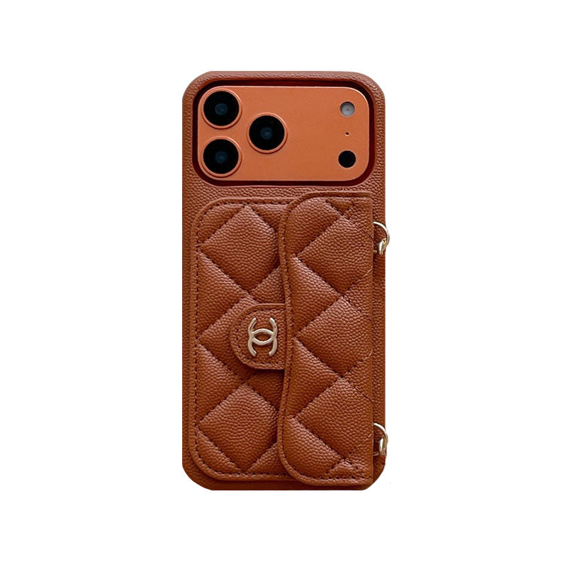 Textured Leather CC iPhone Case With Wallet And Wrist Strap Orange For iPhone 17 Series-CYCC046