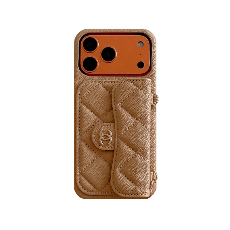 Textured Leather CC iPhone Case With Wallet And Wrist Strap Orange For iPhone 17 Series-CYCC046