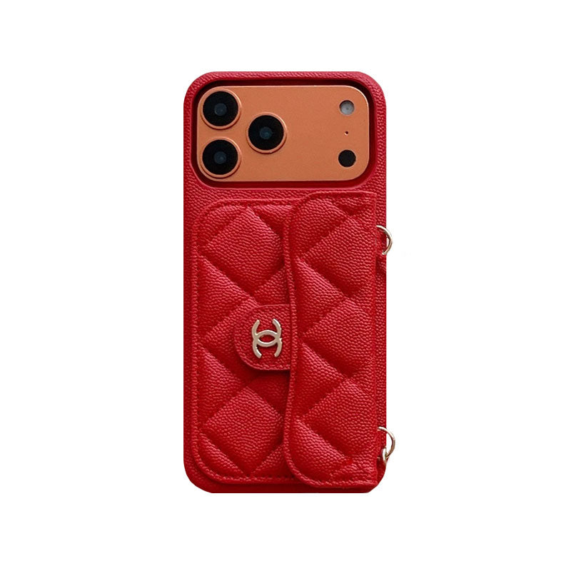 Textured Leather CC iPhone Case With Wallet And Wrist Strap Orange For iPhone 17 Series-CYCC046