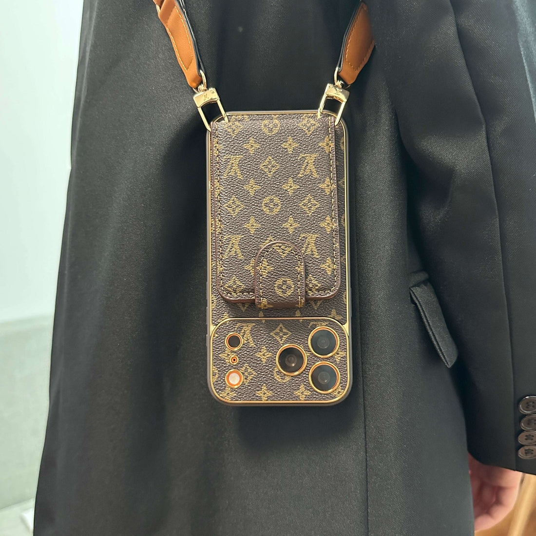 Leather Monogram iPhone Case With Wallet And Crossbody Strap For iPhone 17 Series-CYLV132
