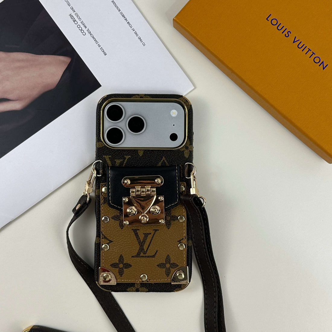 Elegant Leather Monogram iPhone Case With Wallet And Crossbody Strap For iPhone 17 Series Black-CYLV129