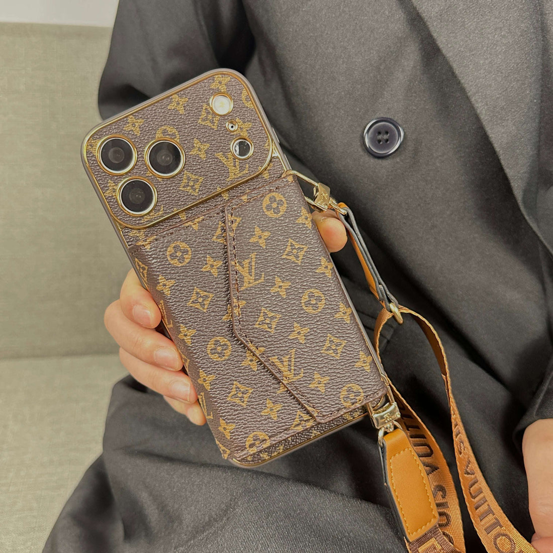 Elegant Leather Monogram iPhone Case With Wallet And Crossbody Strap For iPhone 17 Series-CYLV133