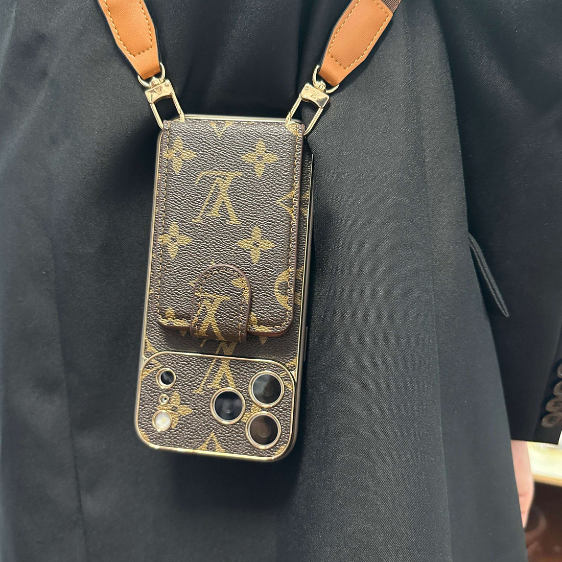 Luxury Leather Monogram iPhone Case With Wallet And Crossbody Strap For iPhone 17 Series-CYLV125