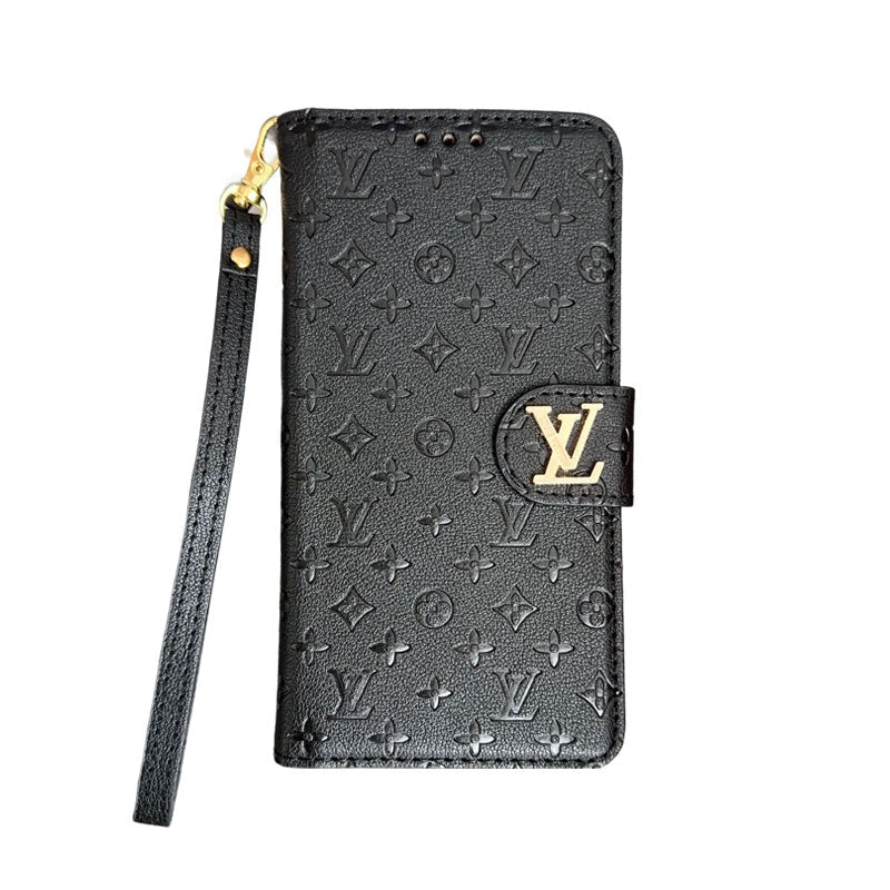 Leather Folio Monogram iPhone Case With Card Holder And Strap Black-CFHYL251127
