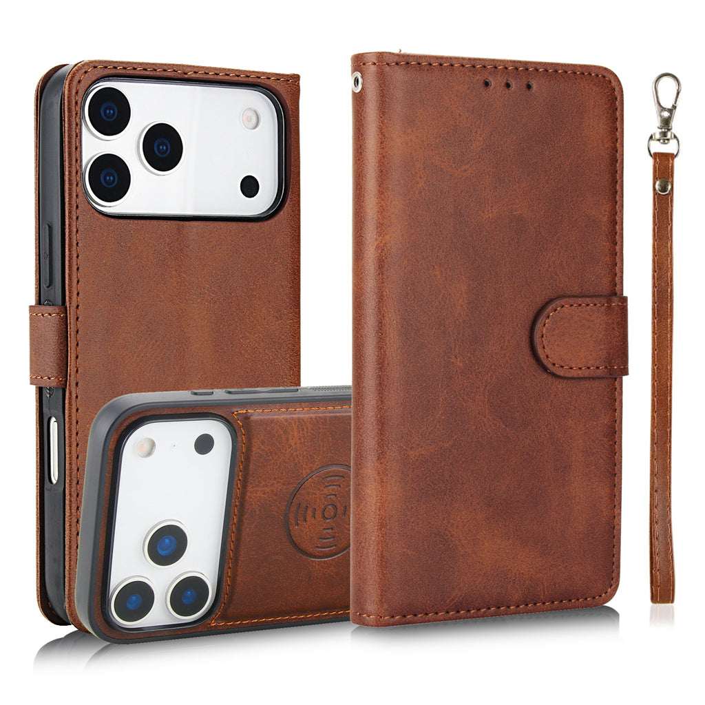 Leather Wallet iPhone Case With Card Holder And Strap Brown
