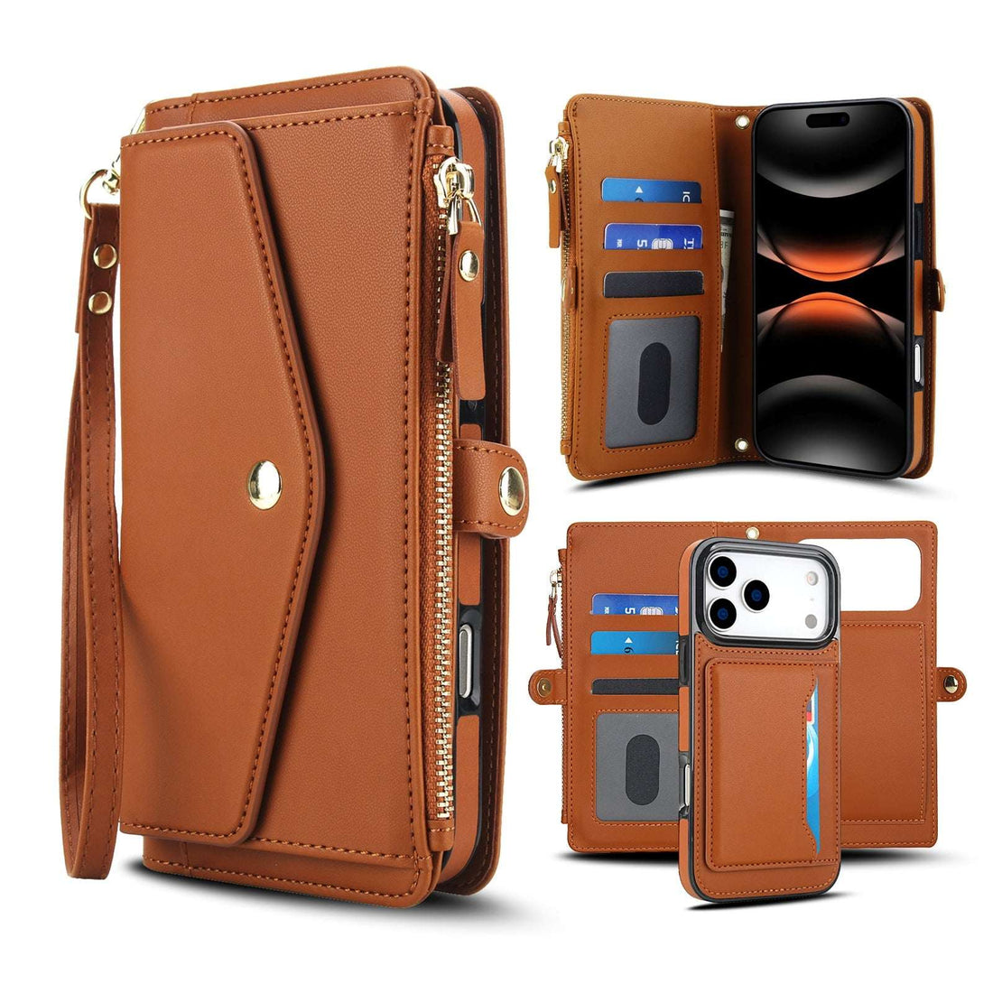 Leather iPhone Case With Card Holder And Strap Brown