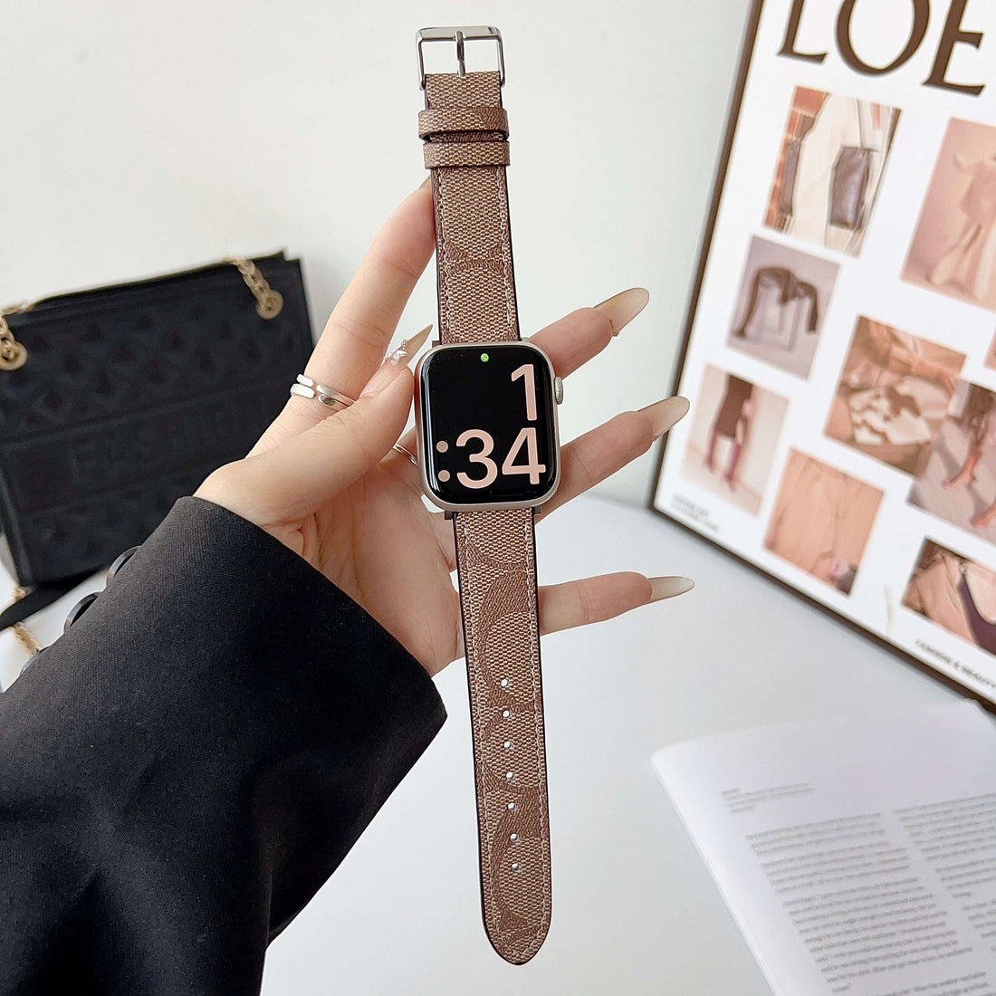 Luxury Leather CH Apple Watch Band Coffee-CYCH098
