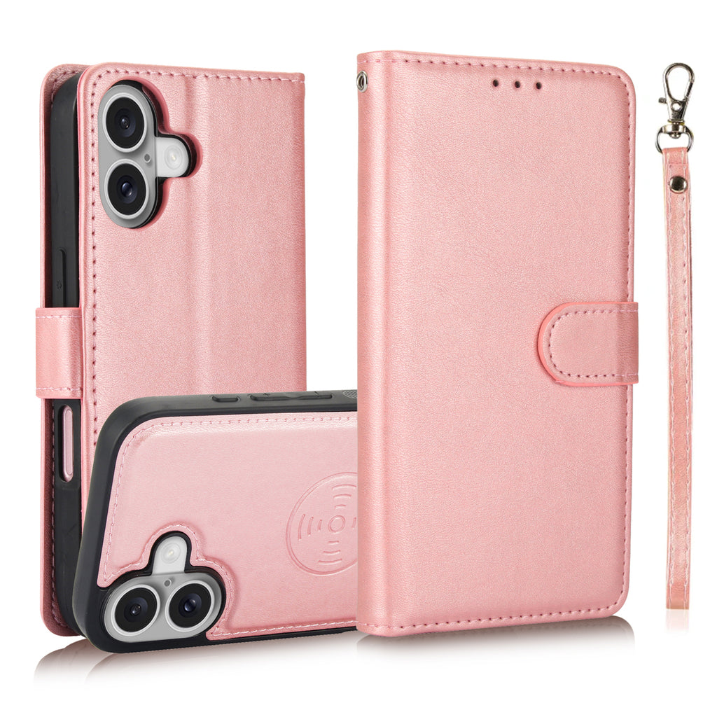 Leather Wallet iPhone Case With Card Holder And Strap Brown