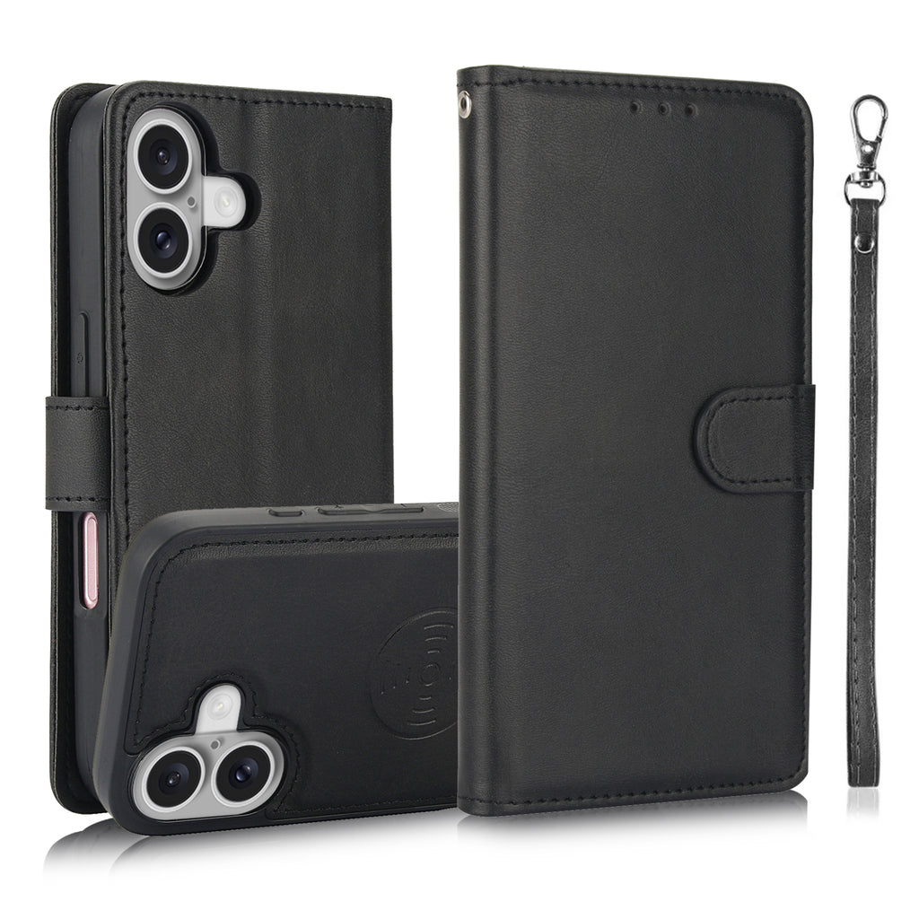 Leather Wallet iPhone Case With Card Holder And Strap Brown