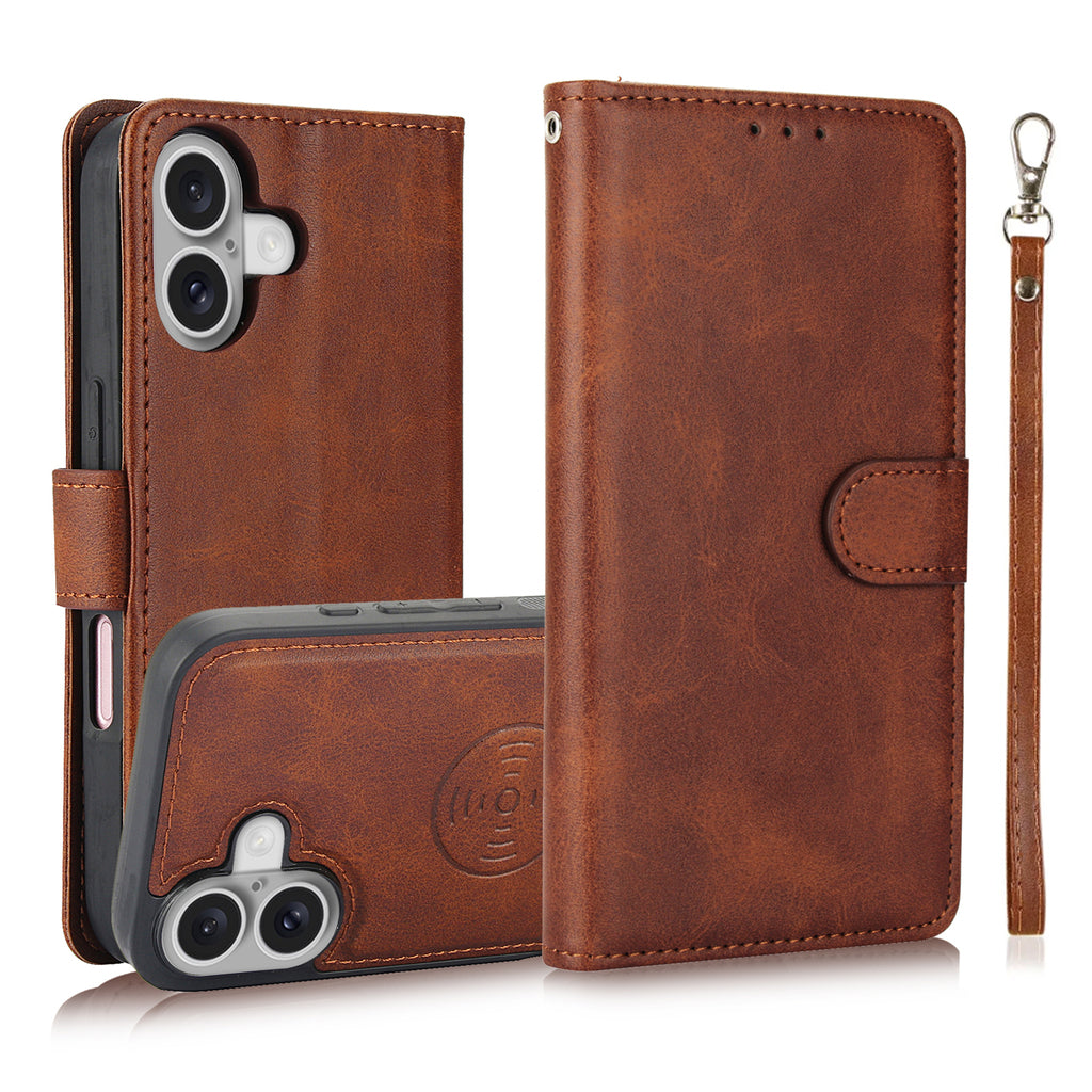 Leather Wallet iPhone Case With Card Holder And Strap Brown