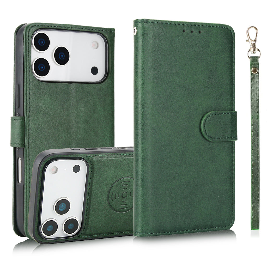 Leather Wallet iPhone Case With Card Holder And Strap Brown