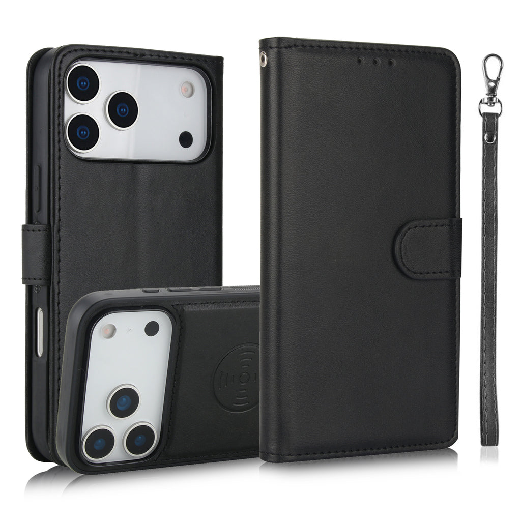 Leather Wallet iPhone Case With Card Holder And Strap Brown