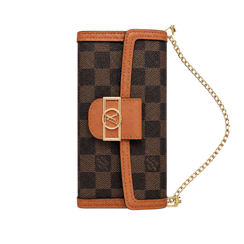 Luxury Leather Monogram iPhone Case With Flip Wallet And Crossbody Strap-LA260021