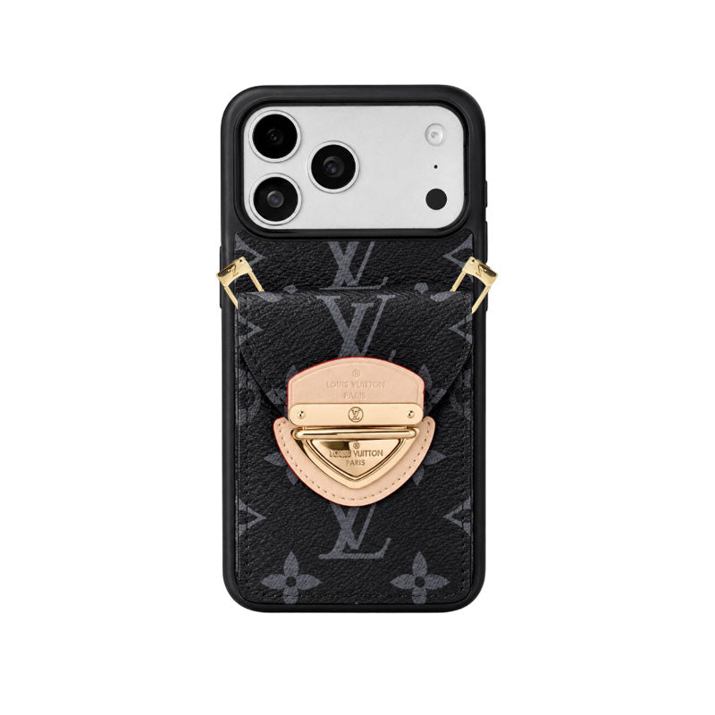 Leather Monogram iPhone Case With Card Holder And Crossbody Strap For iPhone 17 Series-LA260044