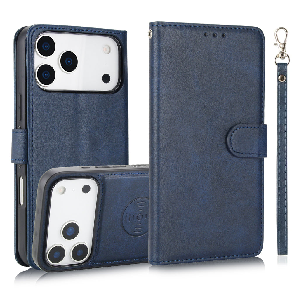Leather Wallet iPhone Case With Card Holder And Strap Brown