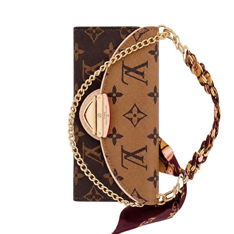 Premium Leather Monogram iPhone Case With Flip Wallet And Crossbody Strap-LA260050