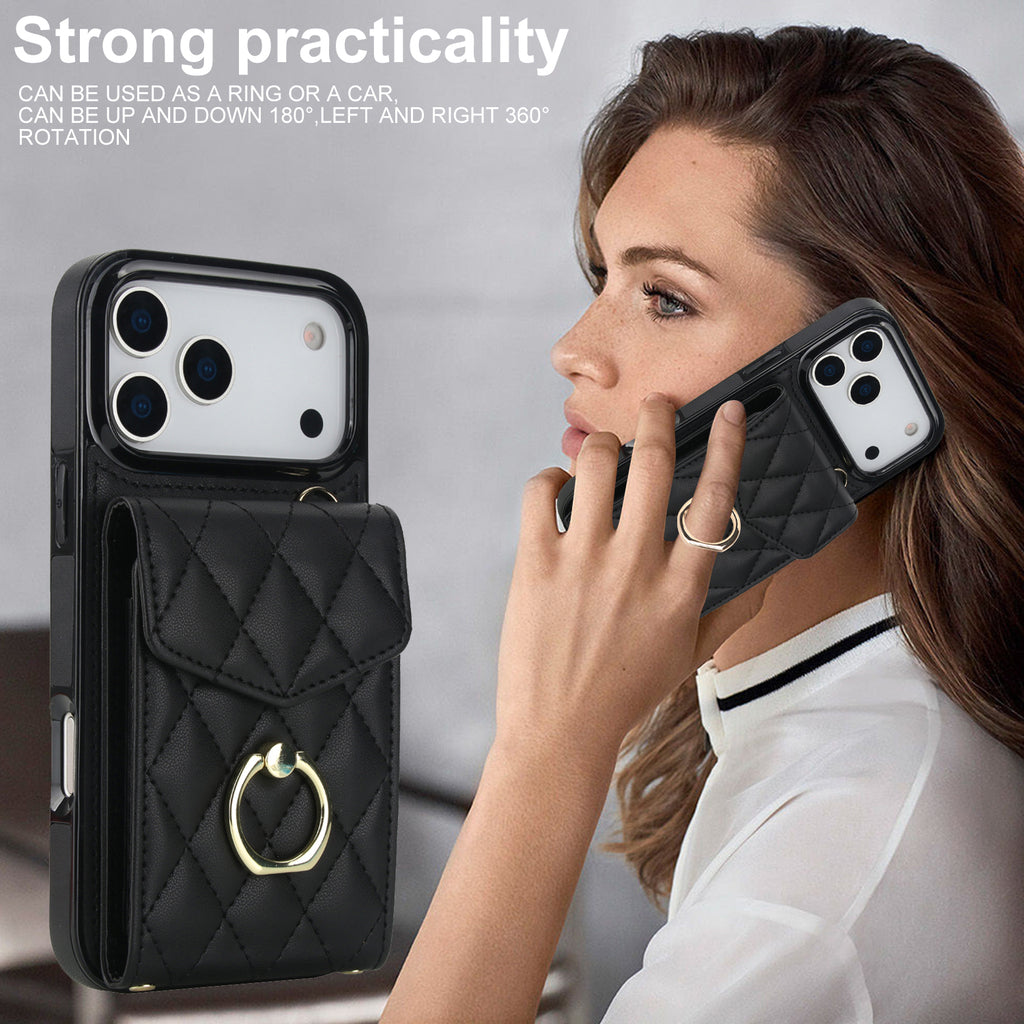Leather iPhone Cases With Card Holder And Strap Black