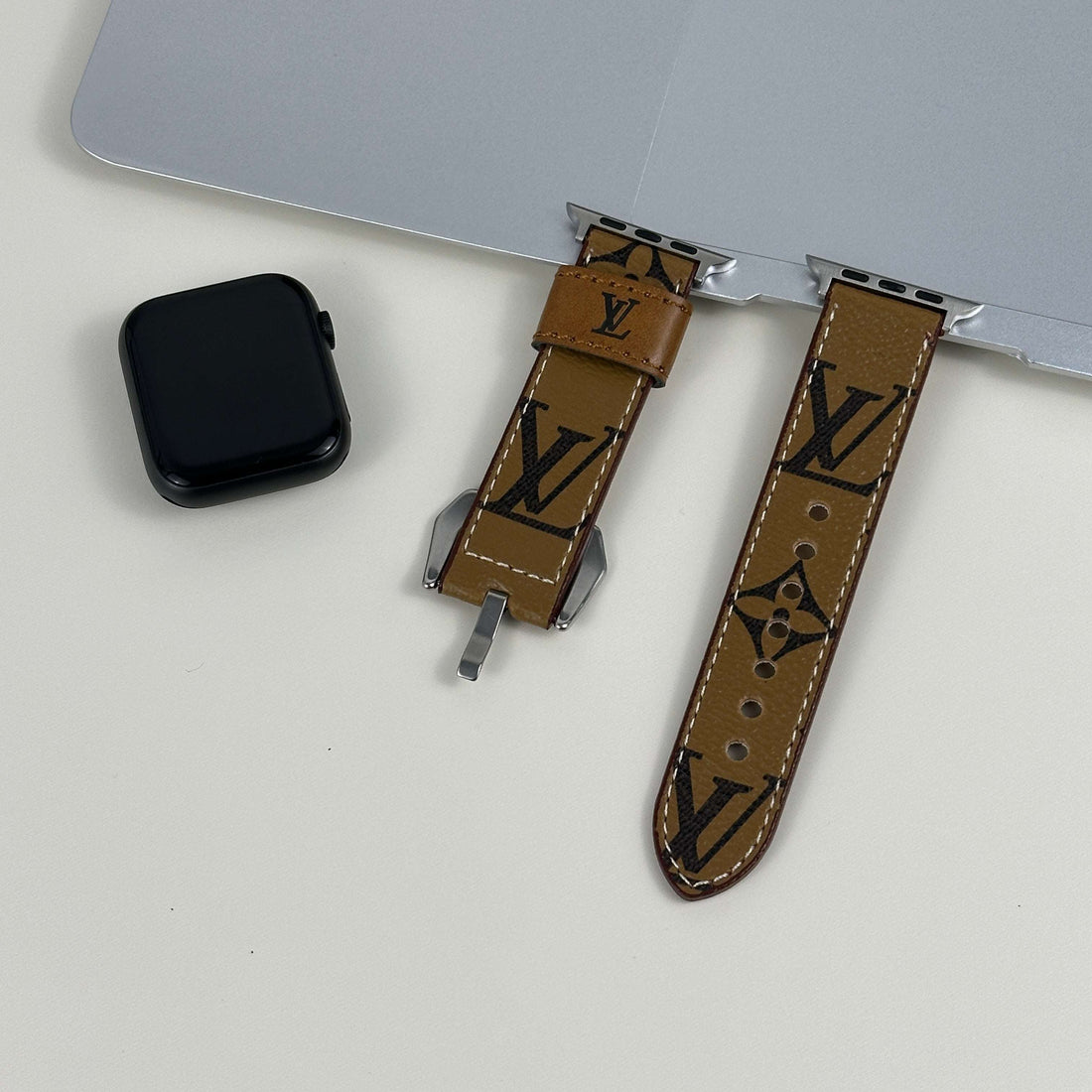 Stylish Leather Monogram Apple Watch Band Yellow Printing-CYLV017