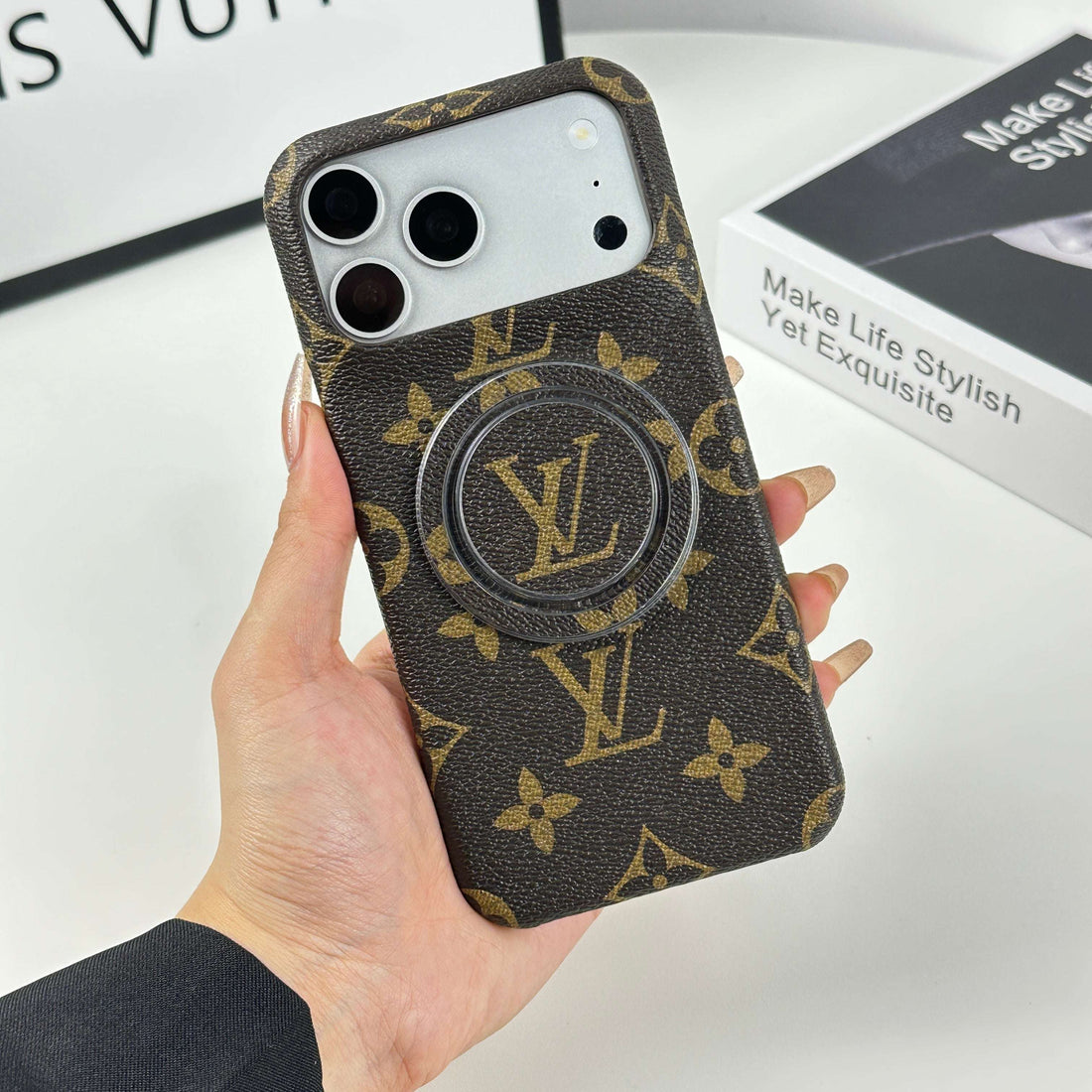 Classic Leather Monogram iPhone Case With Magnetic Stand Big Printing For iPhone 17 Series-CYLV062