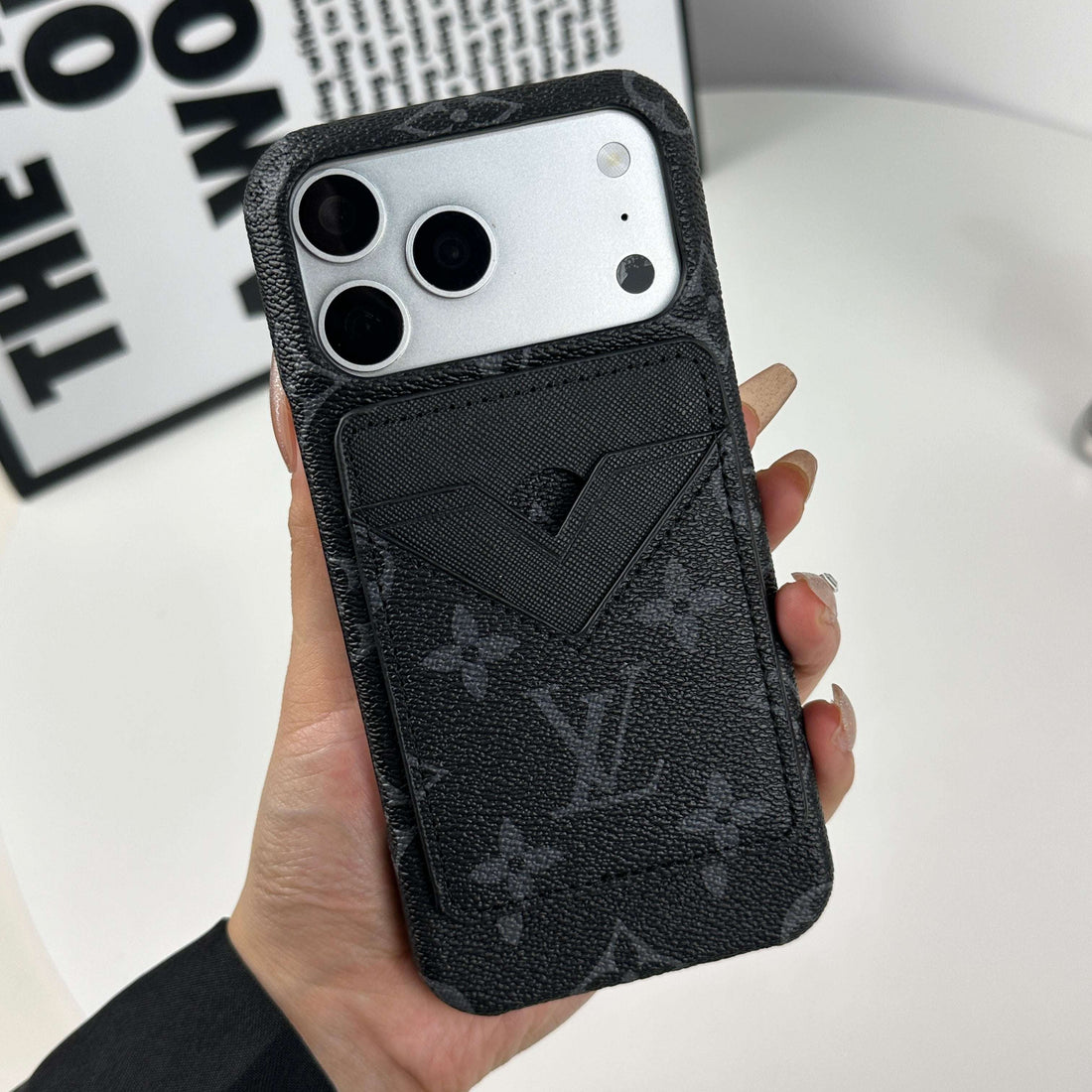 Elegant Leather Monogram iPhone Case With Magnetic Card Holder Black Printing For iPhone 17 Series-CYLV067