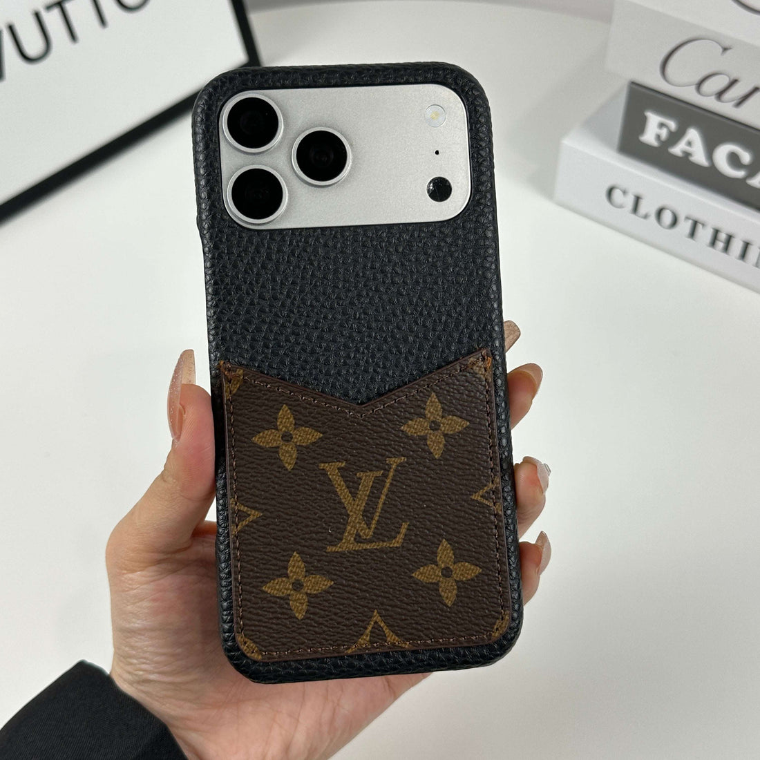 Classic Leather Monogram iPhone Case With Card Holder Big Printing For iPhone 17 Series-CYLV074