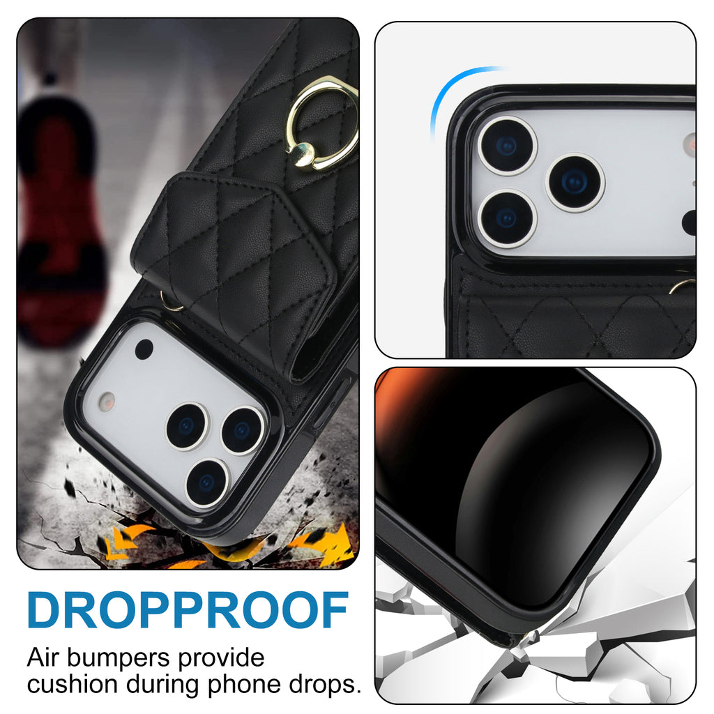 Leather iPhone Cases With Card Holder And Strap Black