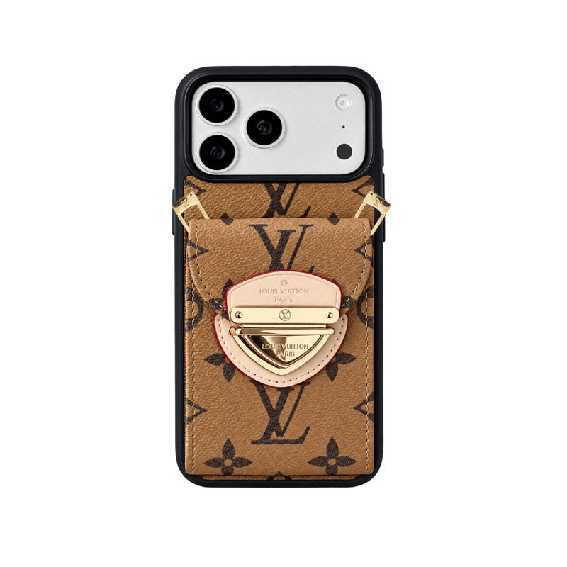 Leather Monogram iPhone Case With Card Holder And Crossbody Strap For iPhone 17 Series-LA260044