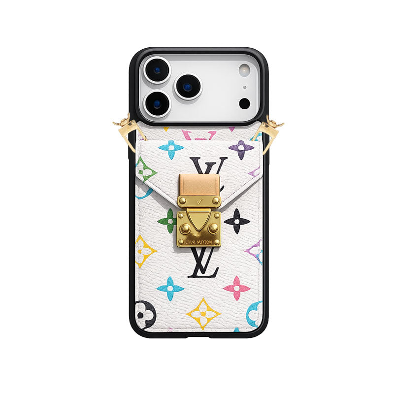 Premium Leather Monogram iPhone Case With Wallet And Crossbody Strap For iPhone 17 Series-LA260001