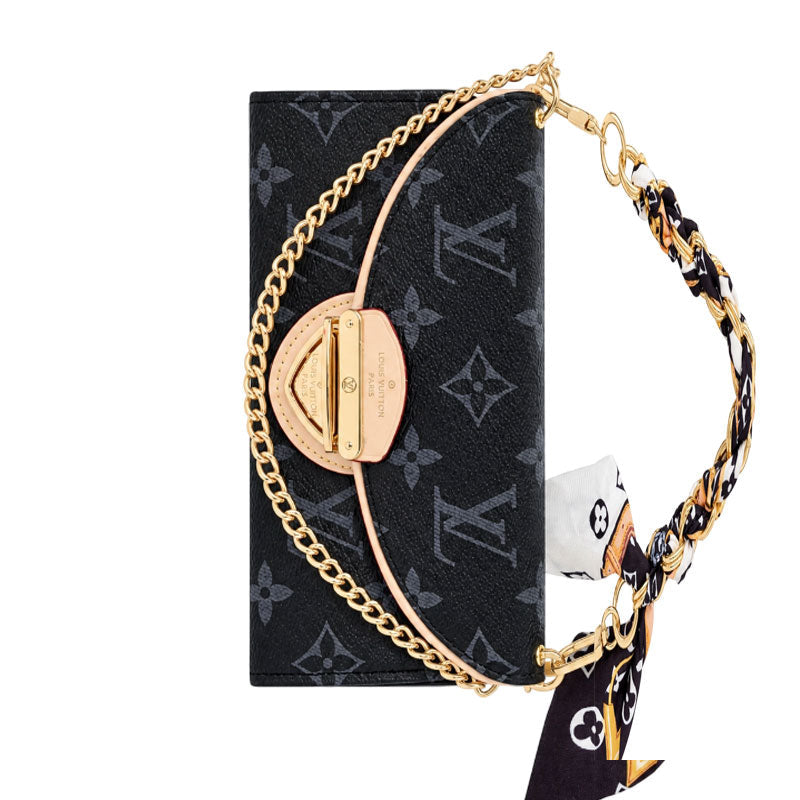 Premium Leather Monogram iPhone Case With Flip Wallet And Crossbody Strap-LA260050