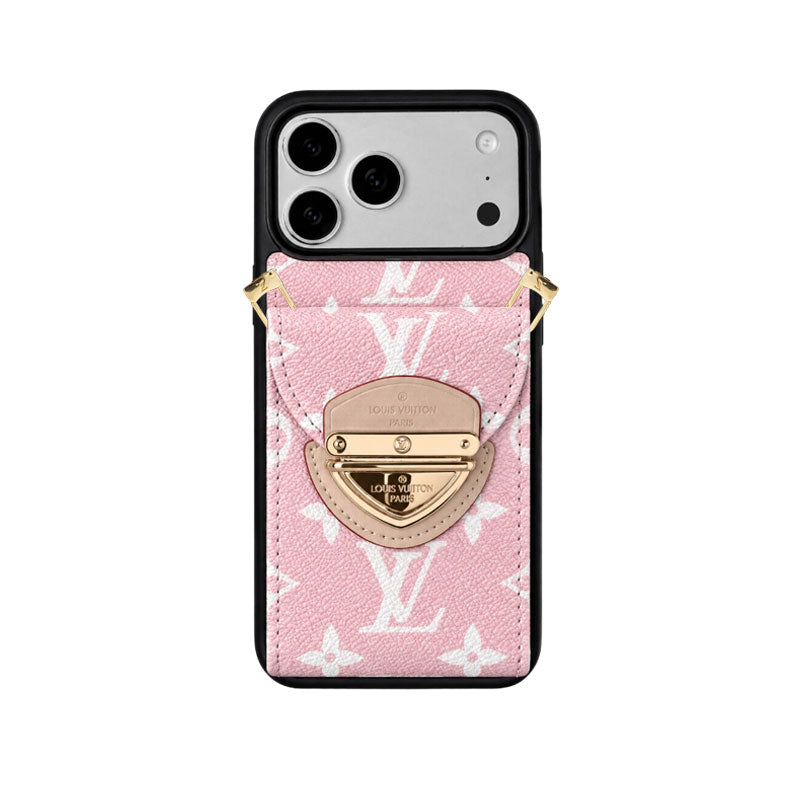 Leather Monogram iPhone Case With Card Holder And Crossbody Strap For iPhone 17 Series-LA260044