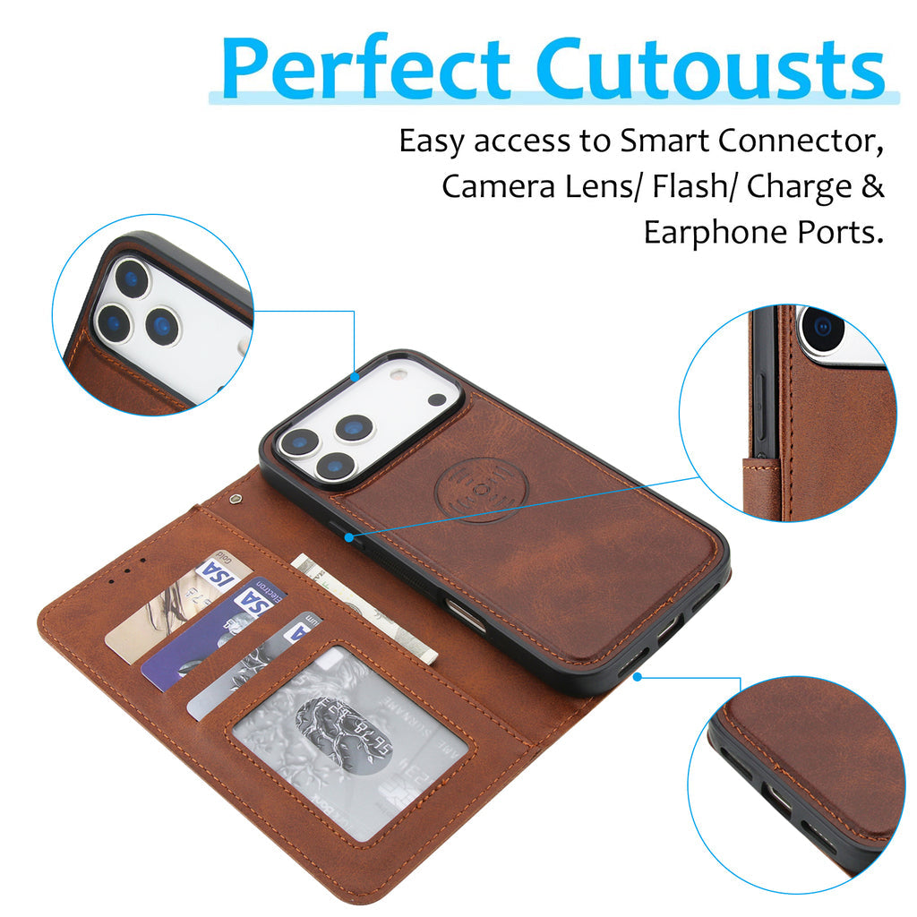 Leather Wallet iPhone Case With Card Holder And Strap Brown