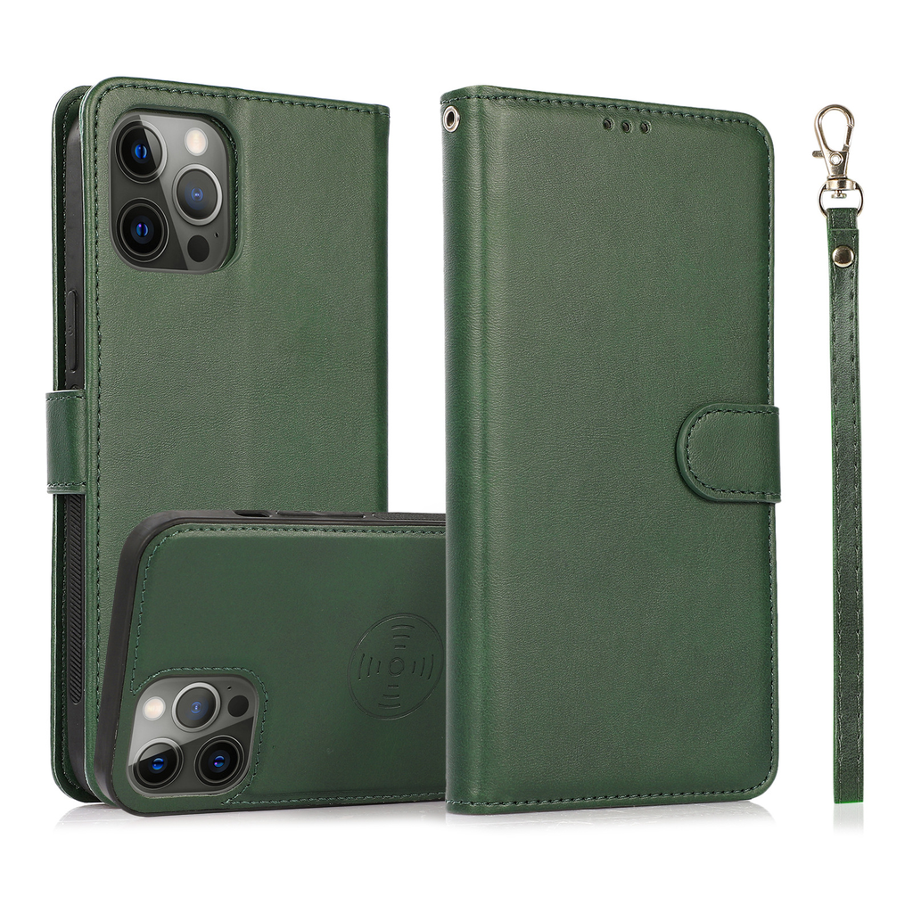 Leather Wallet iPhone Case With Card Holder And Strap Brown