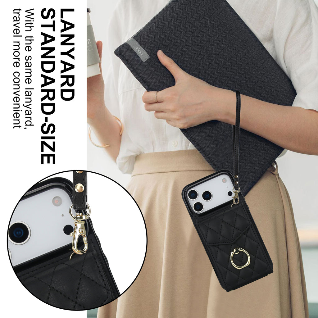 Leather iPhone Cases With Card Holder And Strap Black
