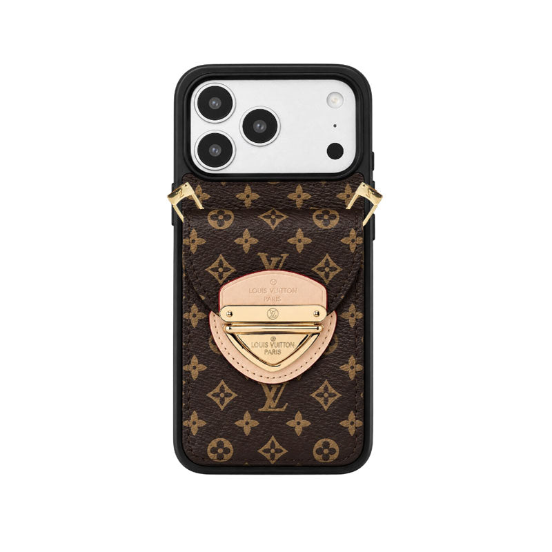 Leather Monogram iPhone Case With Card Holder And Crossbody Strap For iPhone 17 Series-LA260044