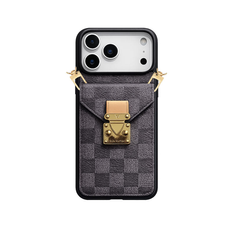 Premium Leather Monogram iPhone Case With Wallet And Crossbody Strap For iPhone 17 Series-LA260001