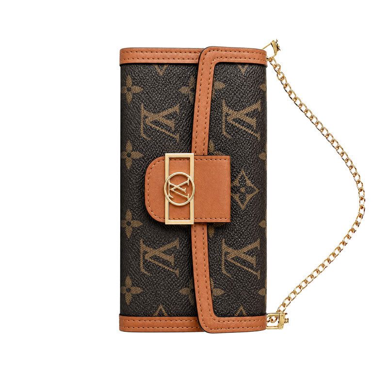 Luxury Leather Monogram iPhone Case With Flip Wallet And Crossbody Strap-LA260021