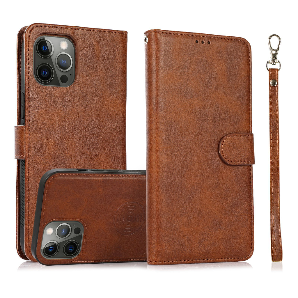 Leather Wallet iPhone Case With Card Holder And Strap Brown