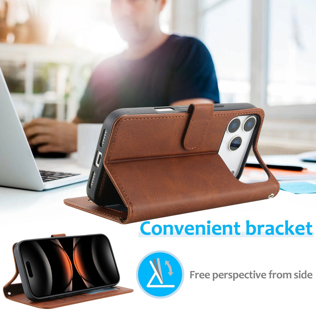 Leather Wallet iPhone Case With Card Holder And Strap Brown