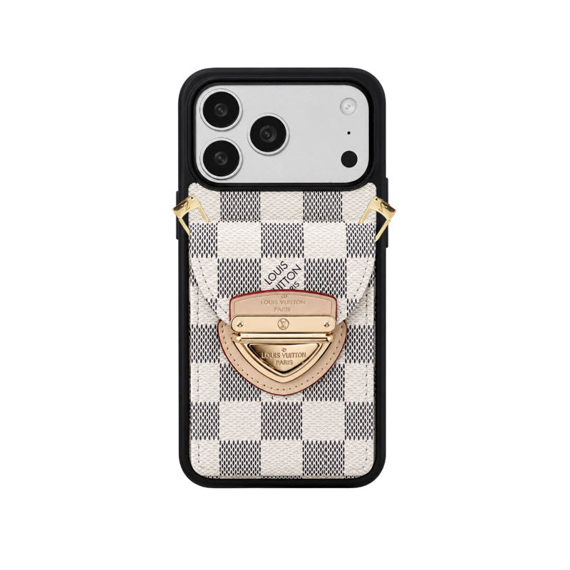 Leather Monogram iPhone Case With Card Holder And Crossbody Strap For iPhone 17 Series-LA260044