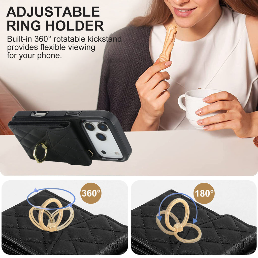 Leather iPhone Cases With Card Holder And Strap Black