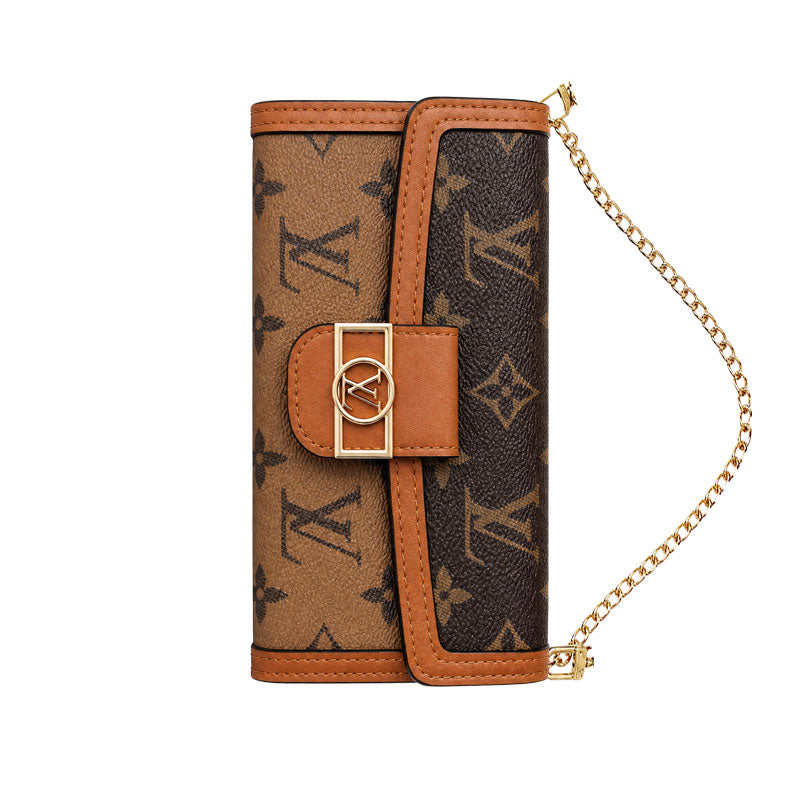 Luxury Leather Monogram iPhone Case With Flip Wallet And Crossbody Strap-LA260021