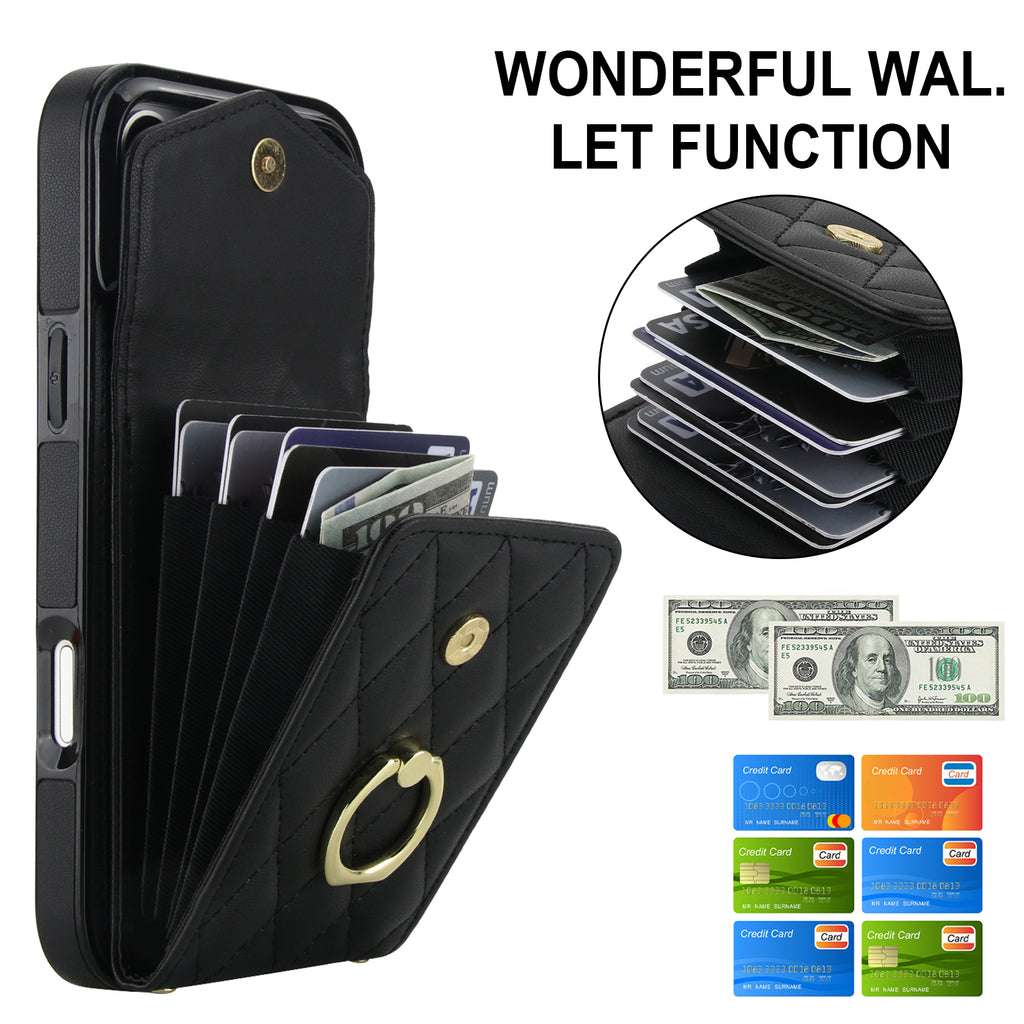 Leather iPhone Cases With Card Holder And Strap Black