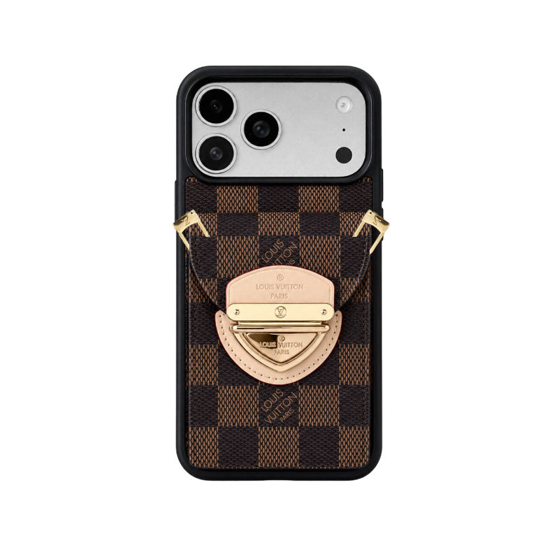 Leather Monogram iPhone Case With Card Holder And Crossbody Strap For iPhone 17 Series-LA260044