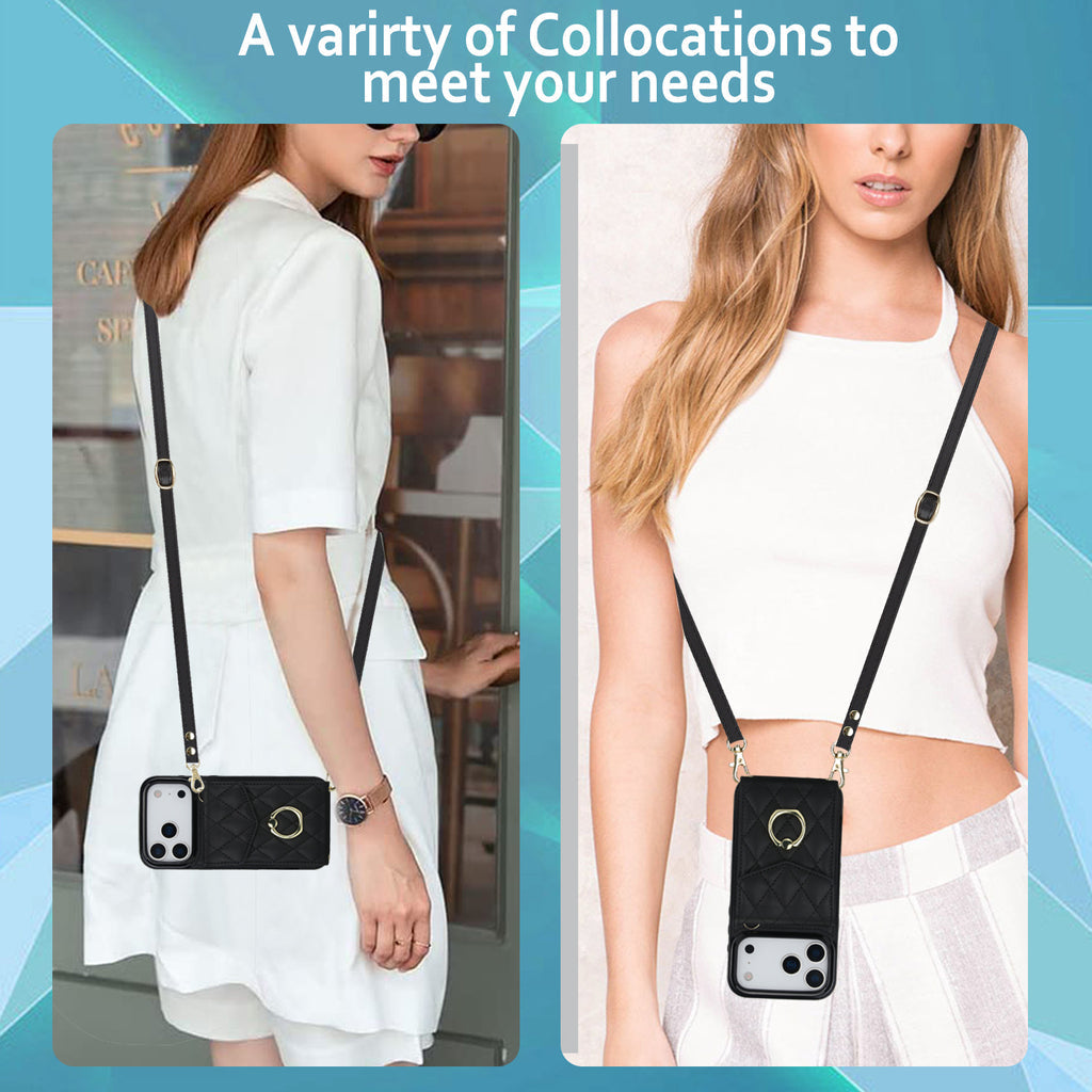 Leather iPhone Cases With Card Holder And Strap Black