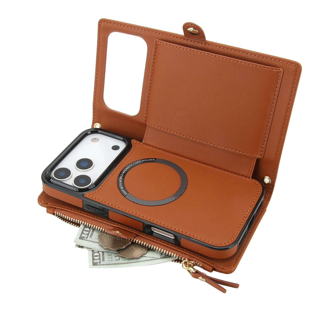 Leather iPhone Case With Card Holder And Strap Brown