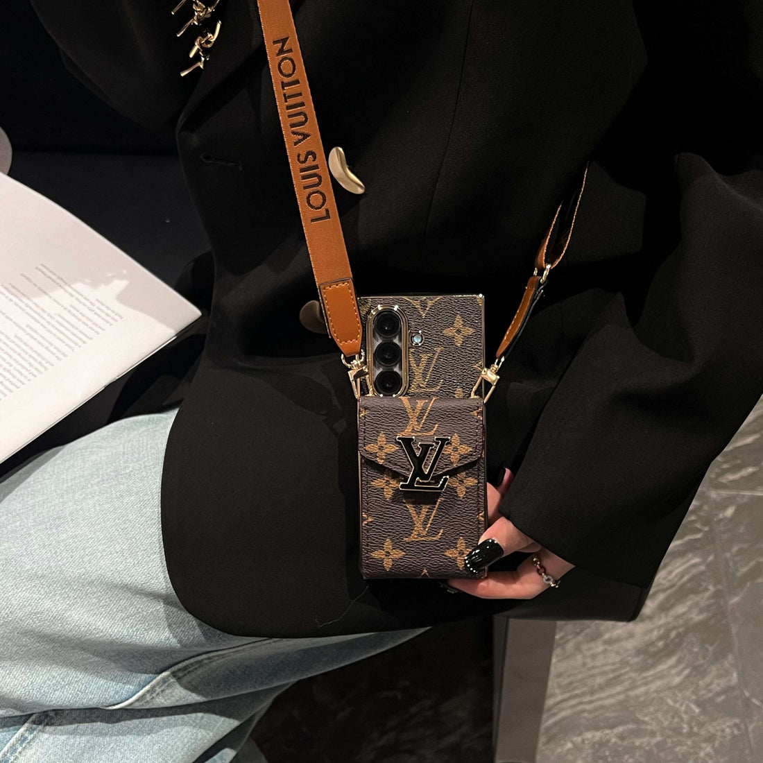 Luxury Monogram Samsung Galaxy Z Fold Series Case With Card Holder And Strap-CYLV085