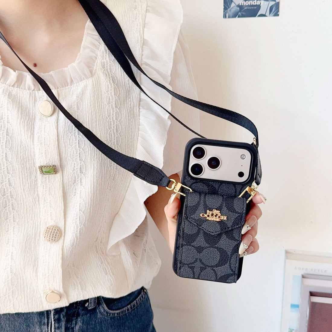 Leather CH iPhone Case With Card Holder And Strap-CFP251105
