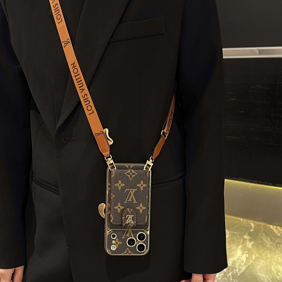 Elegant Leather Monogram iPhone Case With Card Holder And Strap For iPhone 17 Series-CYLV007