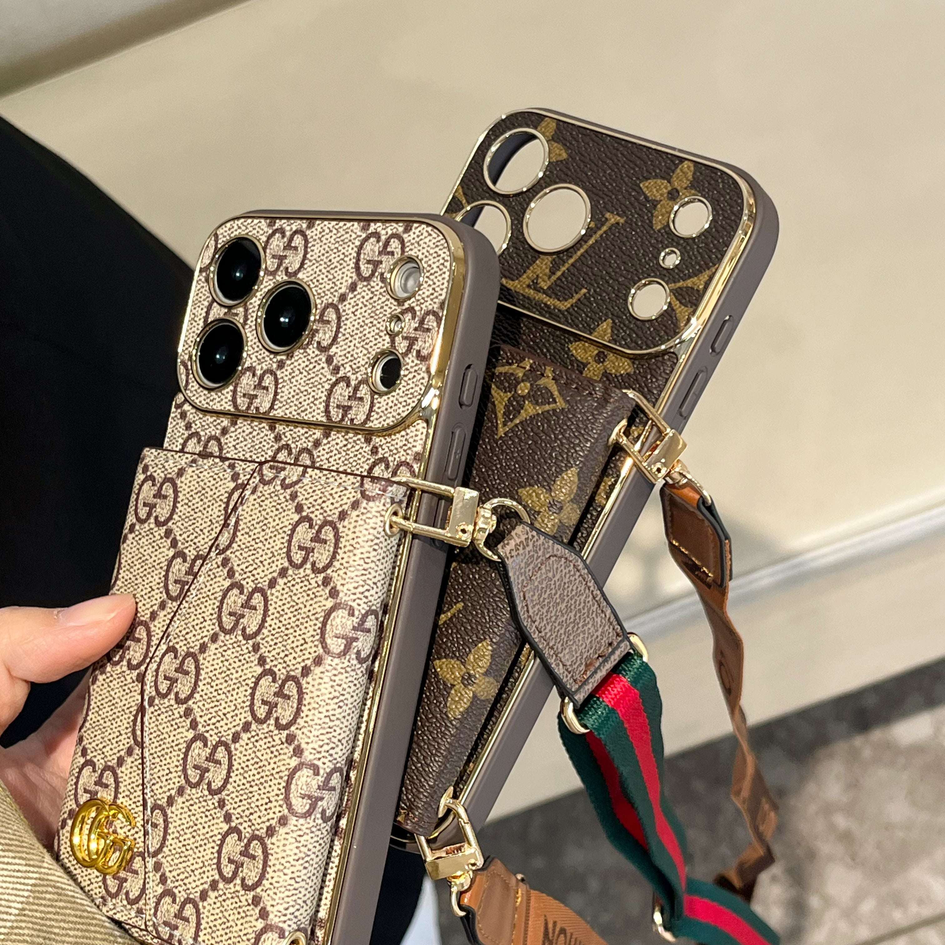 Premium GG iPhone Case With Wallet And Crossbody Strap For iPhone 17 Series-CYGG003